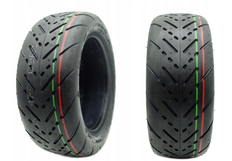 Scooter tire tread with red and green stripes